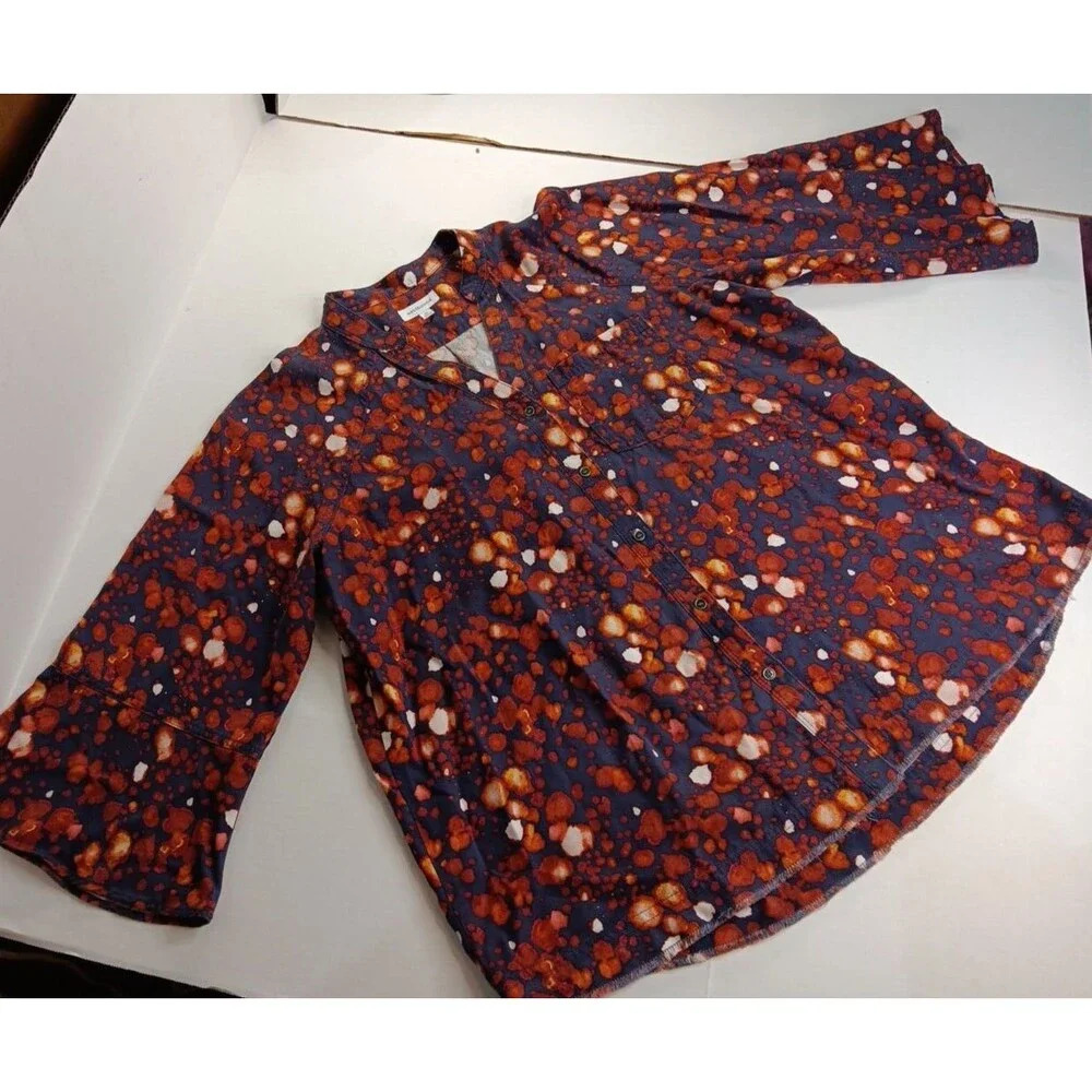 Westbound Boho Rugged Printed Raw Hem 3/4 Sleeve Button Up Rustic Tencel Medium‎